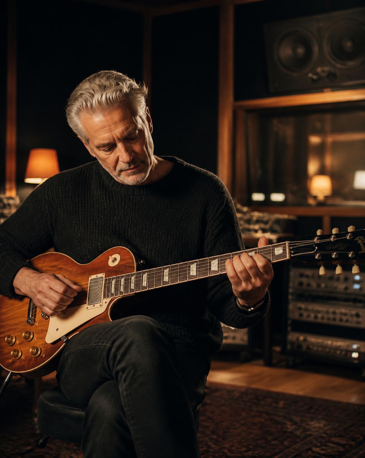 Vuxen gitarrist spelar elgitarr i en varm boutiquestudio i Stockholm